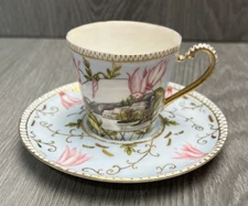 Vintage Depose Tea Cup & Saucer Hand Painted Floral Lake Trees Blue Gold - READ