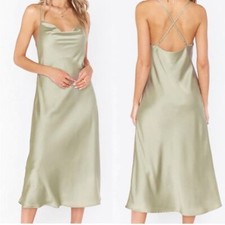 Show Me Your Mumu XXS Verona Cowl Dress, Moss Green Luxe Satin, NWOT FLAW