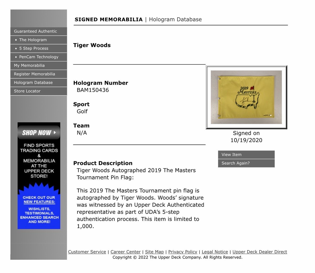 TIGER WOODS 2019 MASTERS SIGNED FLAG TOURNAMENT USED GOLF