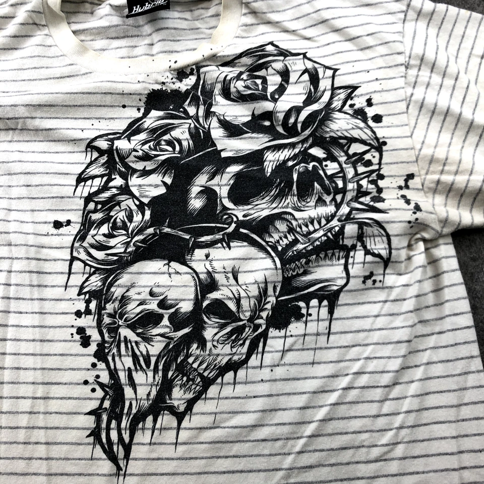 Camisa Híbrida De Colección Hombres Mediana Blanca Rayas Manga Corta Calavera Rosas Surf Y2K* Foto 4 de 4
