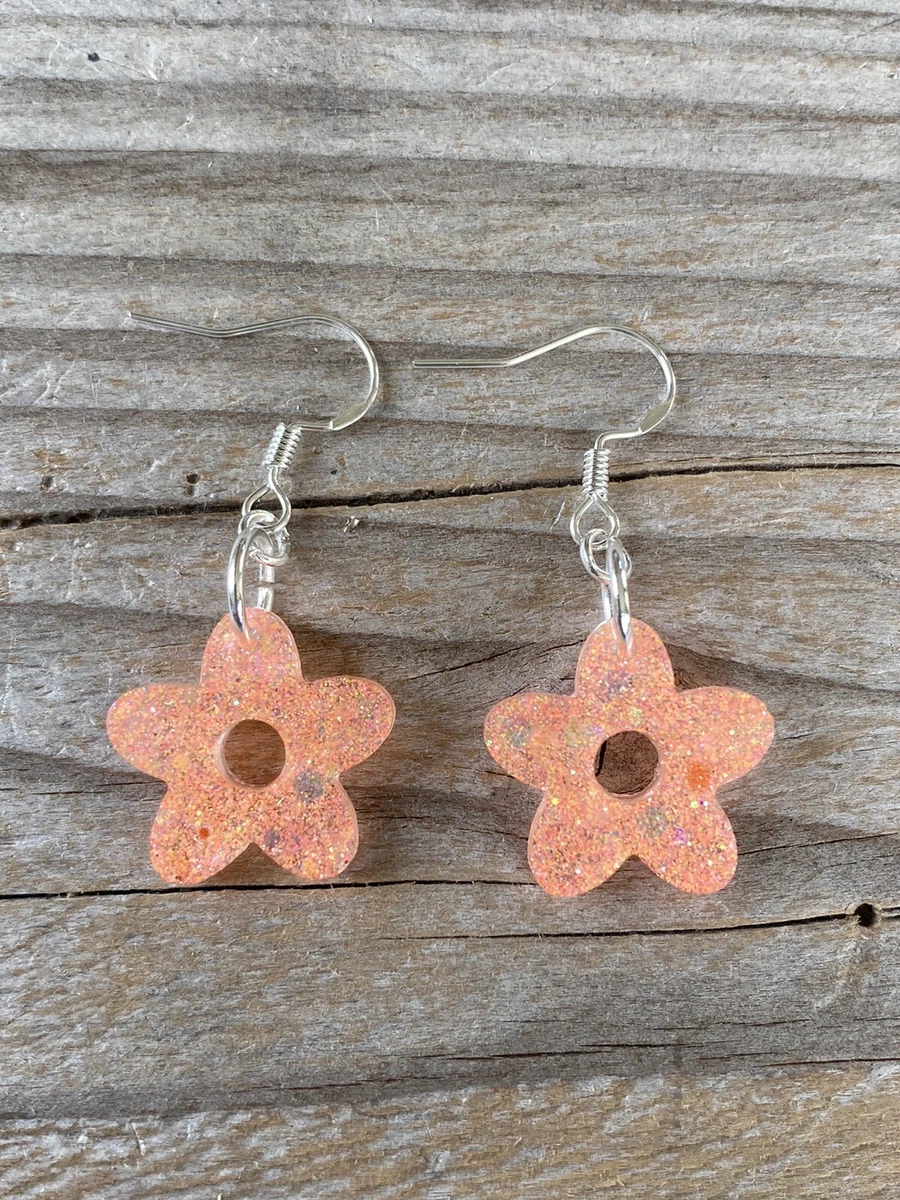 Handmade Resin Earrings Peach Sparkle Flowers