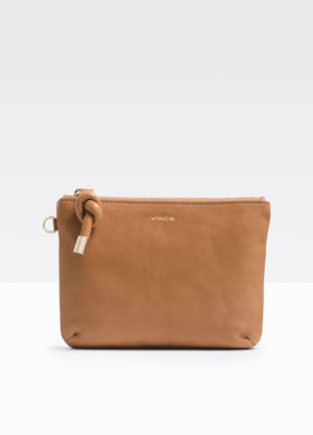 V NWT VINCE LEATHER PALM MINI WOMEN POUCH $95 in TAN