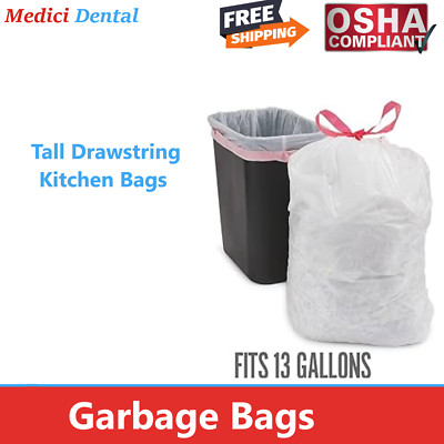 Tall White Kitchen Bag 13 Gal, Drawstring Garbage Trash Bags, Can Liner 50-300Bx