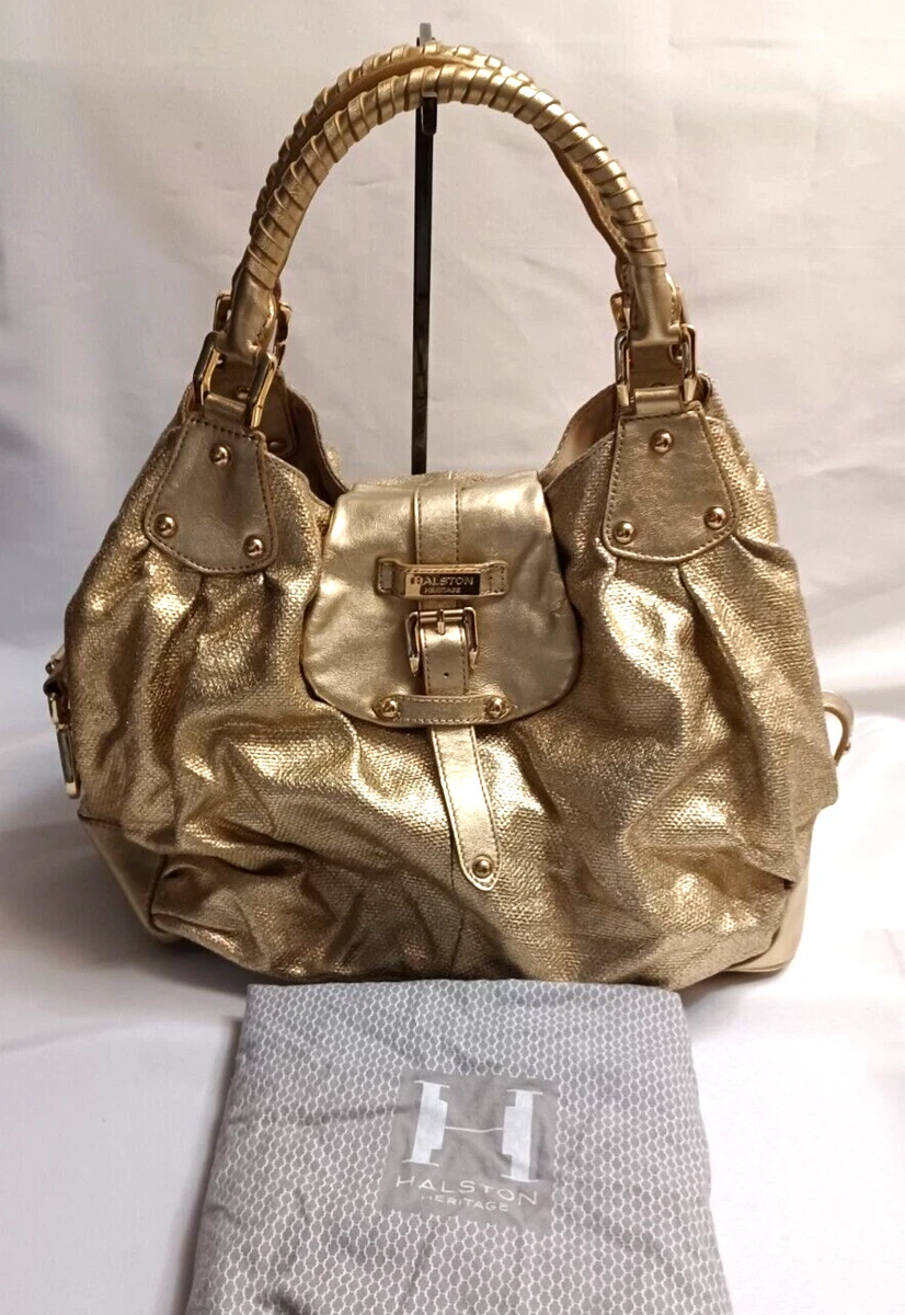 HALSTON Heritage Leather Cotton Gold XL Shopper Satchel Shoulder Bag Weekender