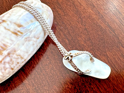 VINTAGE ITALIAN 16'' 925 SILVER CHAIN & MOTHER OF PEARL FLIP FLOP PENDANT E75