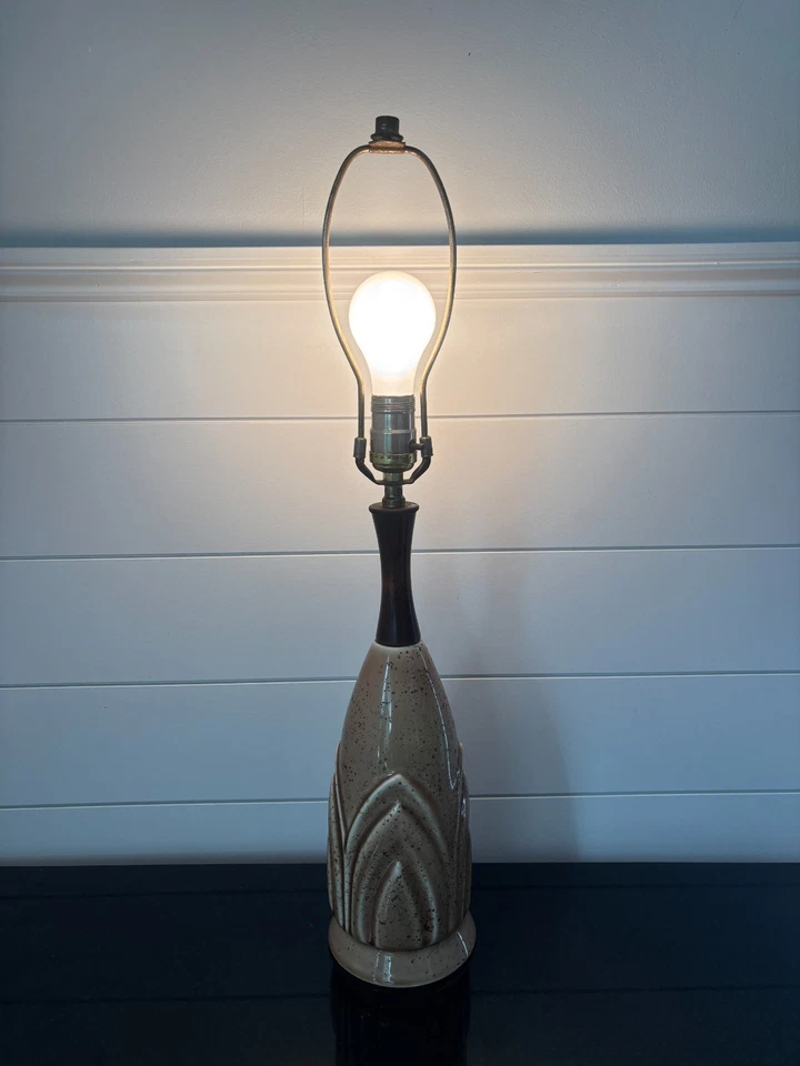 Vintage MCM Ceramic Retro Table Lamp Brown Art Pottery 24"H Wood Desk Mini Light - Image 2 of 4