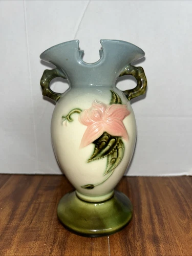 Vintage Hull WoodLand Green Pottery Vase Pink Flower Green Double Handle EUC
