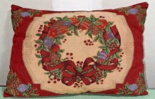 Vintage Christmas Tapestry Throw Pillow Wreath & Bow Decorative 17x10