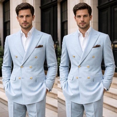 Sky Blue Linen Men's Suits Double Breasted Peak Lapel Wedding Tuxedo Casual 2Pcs