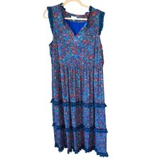 J.Jill Size L Ruffle Tiered Maxi Dress Blue Red Paisley Boho Vacation Summer