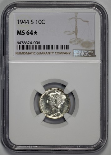 1944-S Mercury 10c Dime NGC MS 64* Proof Like Obverse
