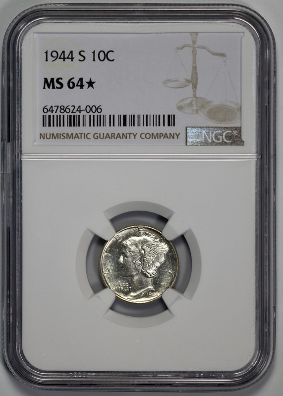 1944-S Mercury 10c Dime NGC MS 64* Proof Like Obverse