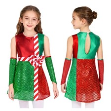 Kids Girls Skirt Figure Ice Skating Jumpsuit Dancewear Dress Shiny Striped Xmas