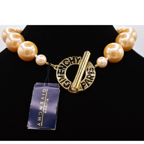 Givenchy Collana Girocollo Vintage Logo Oro Toggle Grossa Perla NOS Anni 80 BinN