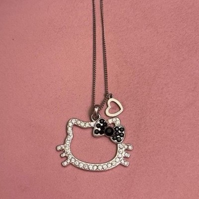 Cat bow Charm Pendant Chain Necklace, Crystal Rhinestones, Black Bow, Heart