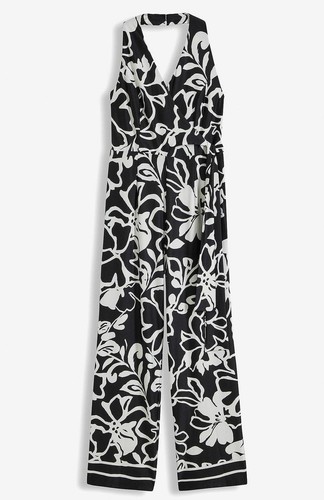 Neu Neckholder-Jumpsuit Gr. 44/46 Schwarz Weiß Floral Damen Overall Hosenanzug