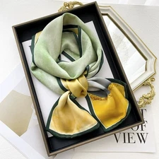 Double Sides 100% Silk Long Scarf Women Green Yellow Neckerchief Tied 150*15cm