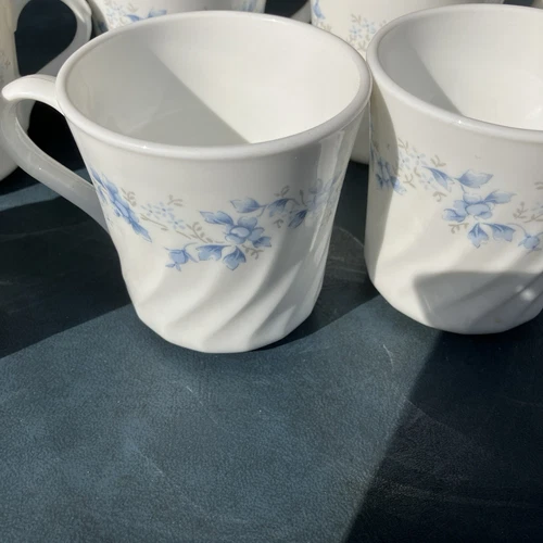 CORELLE CORNING BLUE FLEUR Pattern White Swirl Style Coffee Tea Cups Mugs Set 8