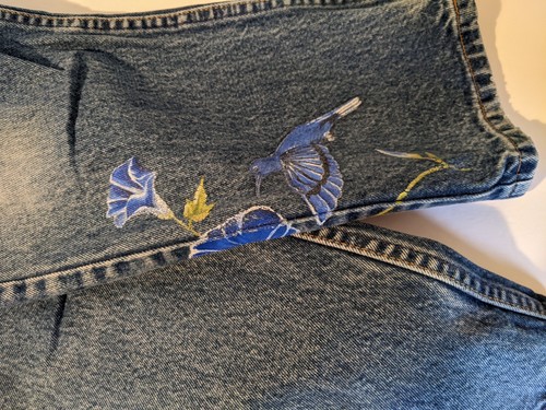 Vintage Levi's Jeans Artist Painted Morning Glory Hummingbird OOAK - Picture 4 of 11