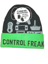 New W/Tag 2 pc Boys Control Freak Gamer Beanie and Texting Gloves Knit Cap 