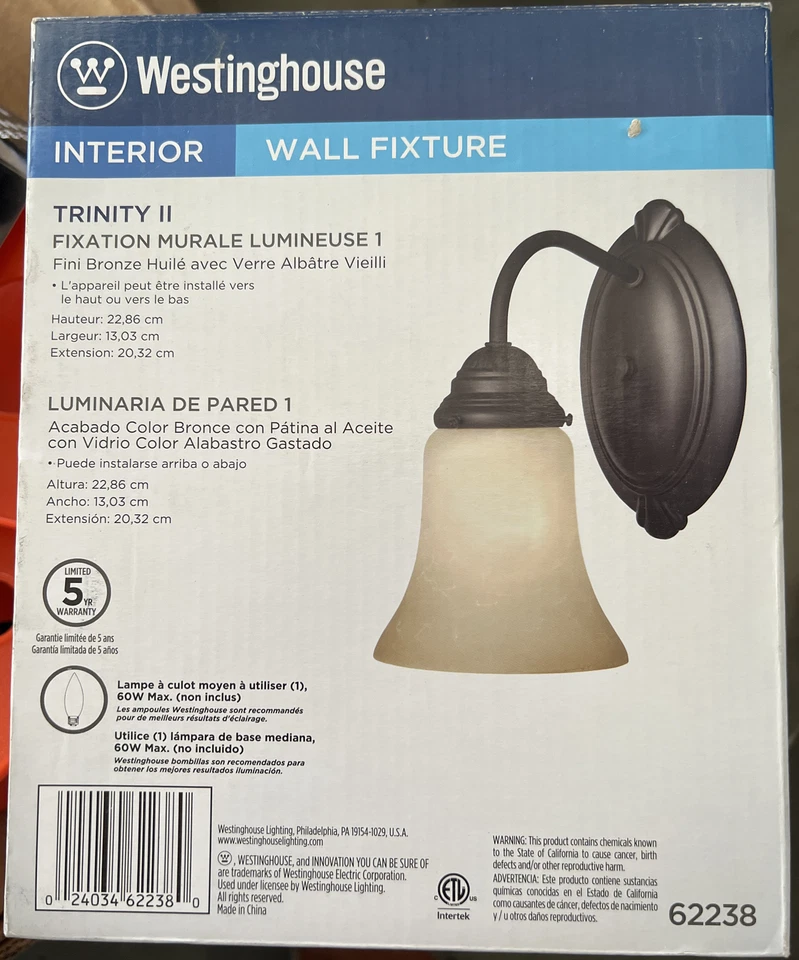 Westinghouse 62238 Trinity II accesorio de pared interior de una luz, bronce frotado con aceite Foto 2 de 2