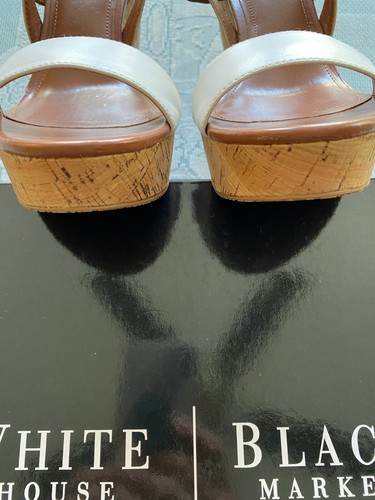Womens WHBM "SADIE" Nutmeg White Cork Wedge Heels Sandals Shoes Pumps Sz 9.5 MED - Picture 9 of 11