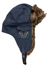 NWT True Religion Men's Winter Lined Faux Fur Blue Denim Trapper Hat One Size