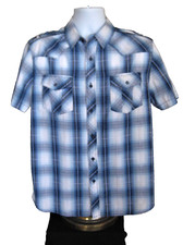 ROUTE 66 Distinctive Details Western Style Blue Plaid Short Slv. Shirt Sz LG EUC