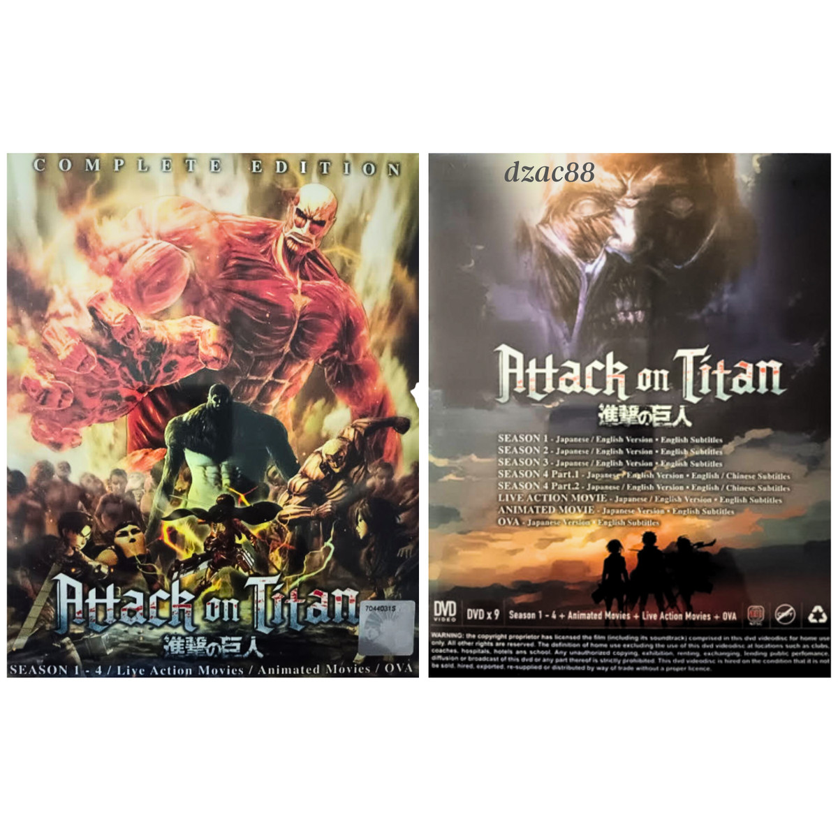 DVD Attack On Titan Season 1 2 3 4 + 2 Movie + 8 OVA - English