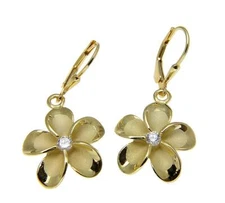 YELLOW GOLD ON SILVER 925 HAWAIIAN PLUMERIA FLOWER LEVERBACK EARRINGS  8MM -18MM