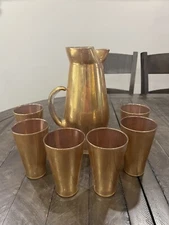 Vintage Gold Flecked/Splatter Pitcher w/ 6 Glasses West Virginia Glass Co MCM