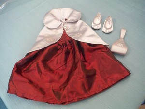 American-Girl-Doll-Red-Dress-Gown-and-Silver-Gray-Cape-Handbag-amp-Shoes