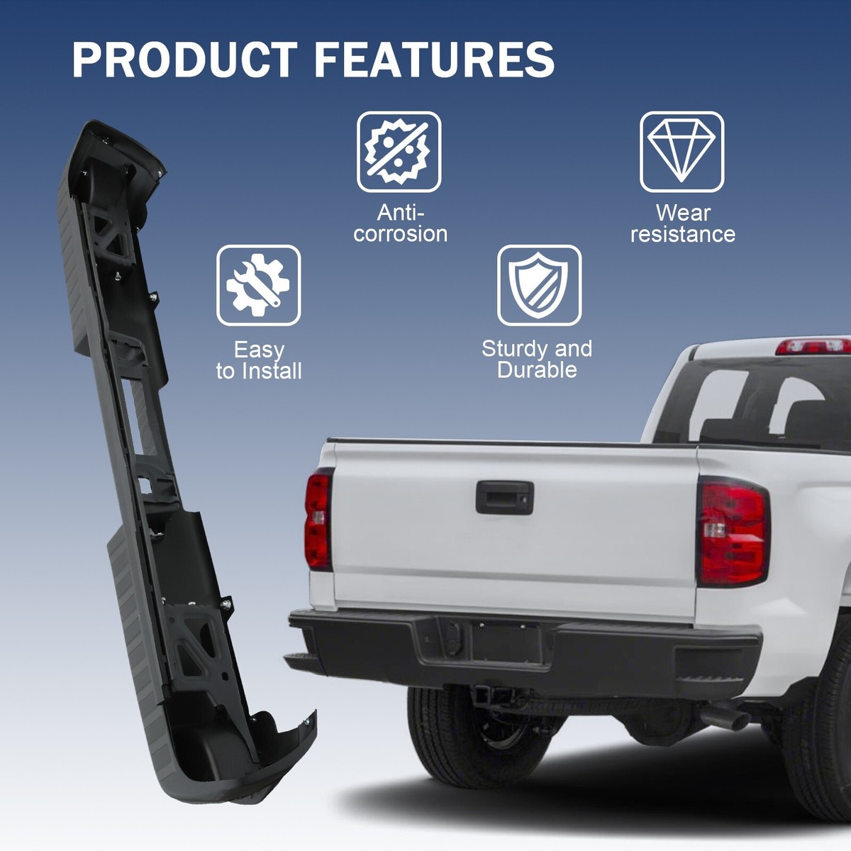 Black Rear Bumper For 2014–2018 Chevy Silverado & GMC Sierra 1500 – No Sensor Holes
