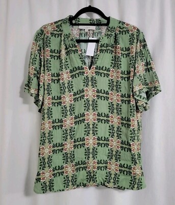 Loft XL Tshirt Blouse Green Florals Boho Flowy Casual Business Classic NWT