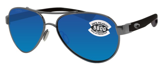 Costa Del Mar Loreto Gunmetal Black Frame Blue Mirror 580 Glass Polarized Lens