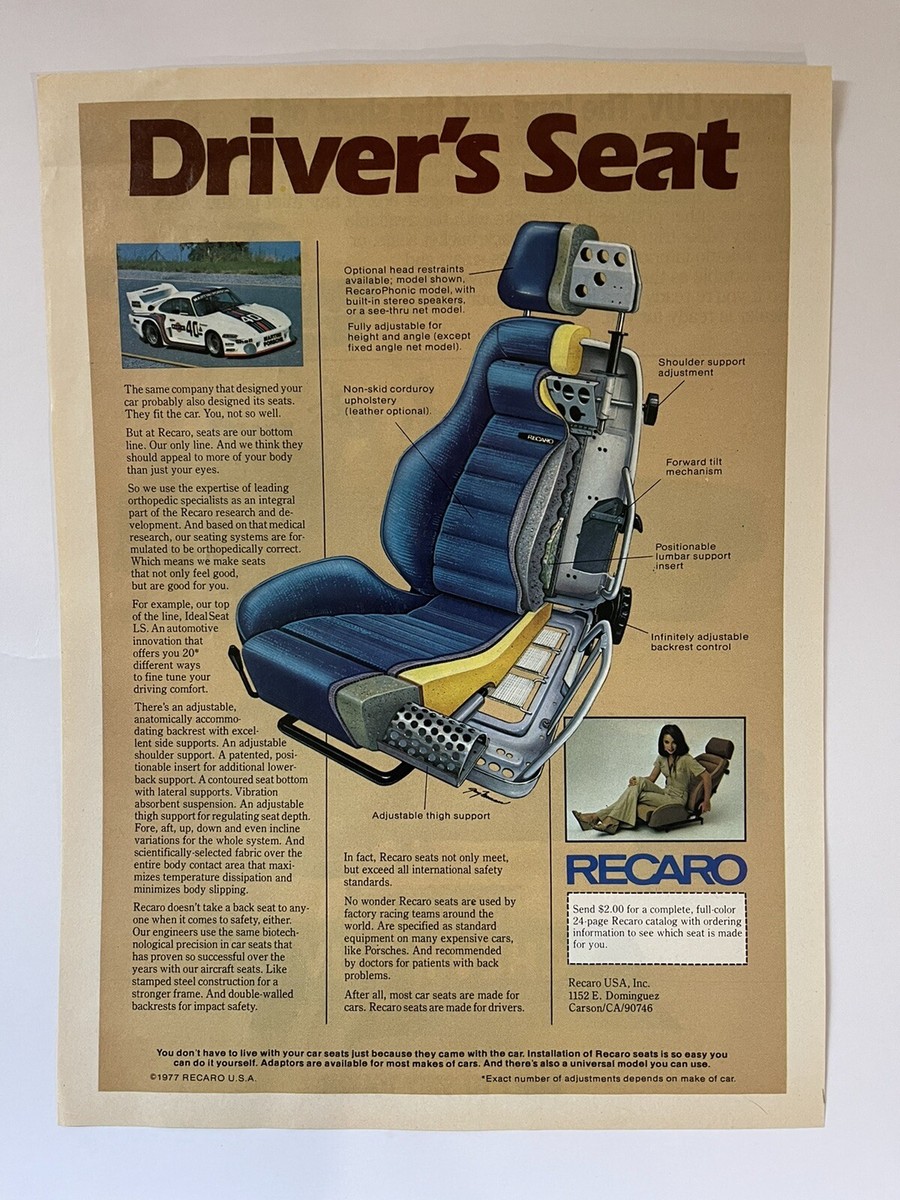 1978 Recaro Driver seat one Page vintage print Magazine Ad Porsche 