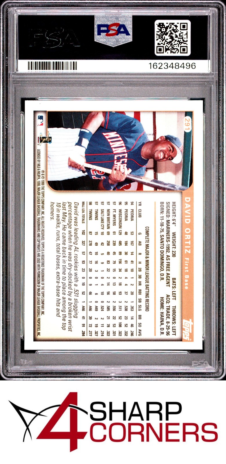 1999 TOPPS #291 DAVID ORTIZ TWINS HOF PSA 10 view 2