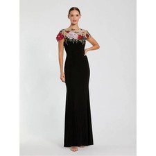 Mac Duggal 11817 Black Floral Embellished Jersey Column Gown Size 8 NWT