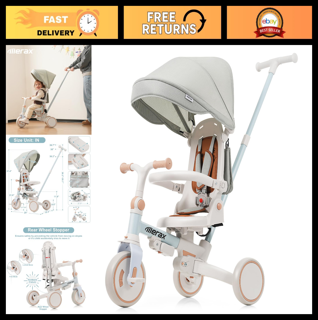 7-in-1 All-Terrain Kids Tricycle Stroller - Foldable Toddler