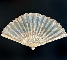 Antique Victorian 1890s Hand Painted Silk  Lace Fan Carved Mirrored Inlay
