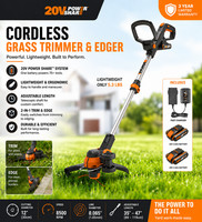 WORX 20V Cordless Grass Trimmer Strimmer Edger With 2 Batteries & Charger