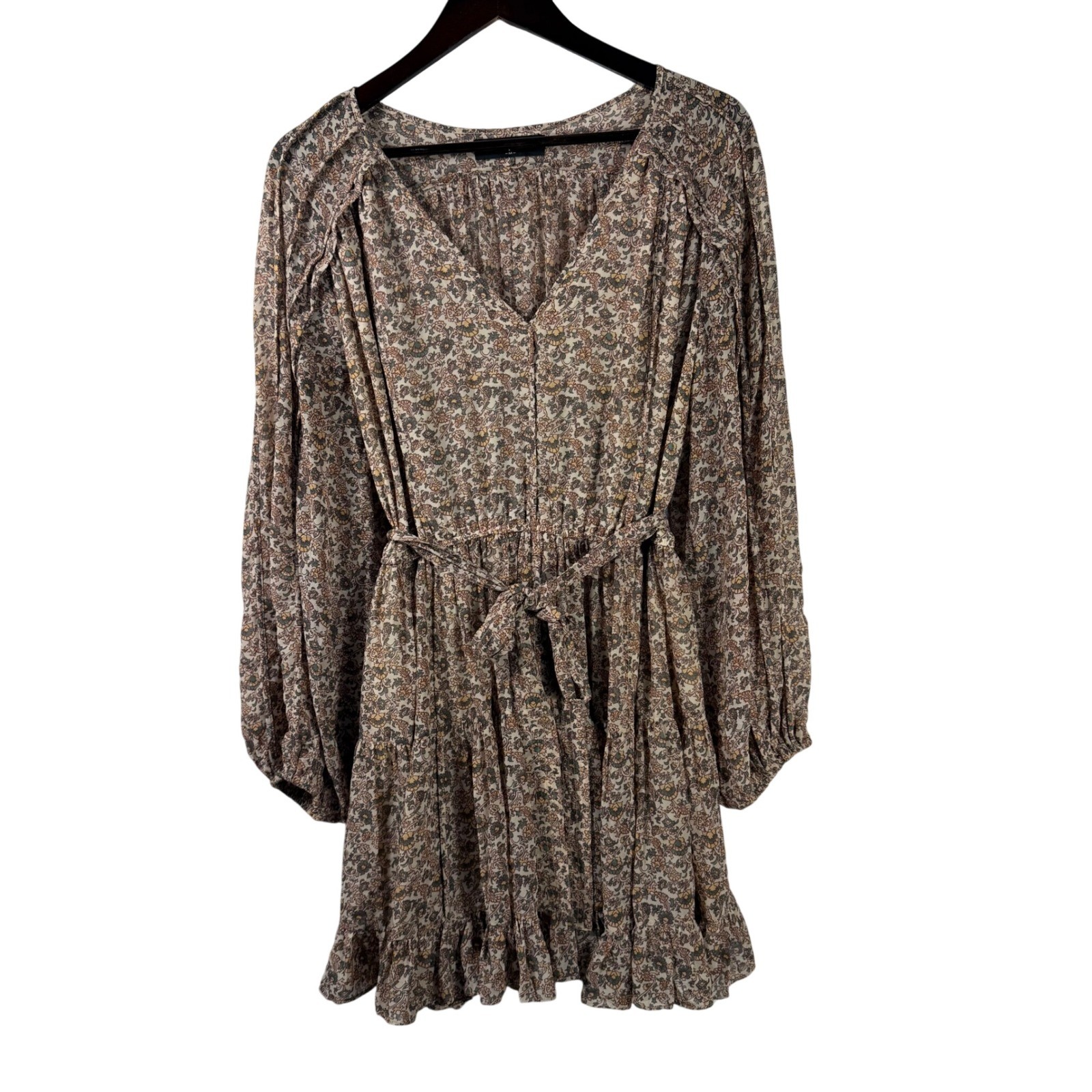 O.P.T Tuckernuck Floral Boho Ruffle Long Sleeve Mini Dress Tie Waist Medium Boho