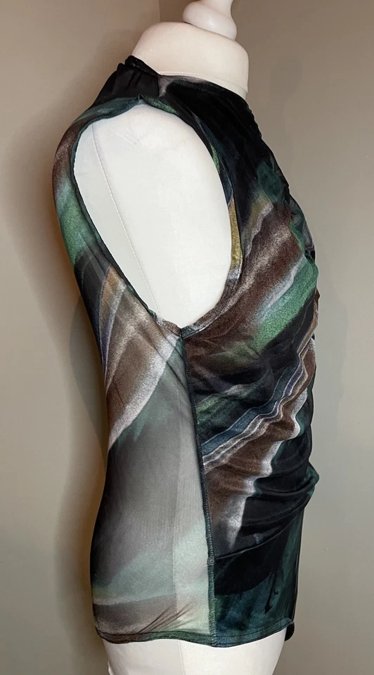 Pretty Little Thing, Mesh Body. Abstract Green Brown Pattern Size 12 Sheer Back - Image 3 of 4