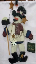 Vintage Primitive Christmas Snowman Wooden Wired Folk Art Wall Hanging L 23.25" 