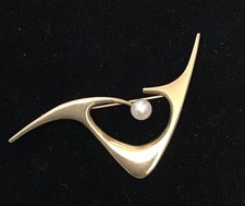 Vintage Ed Wiener NYC Modernist 14 Karat Gold & Pearl Brooch Pin 11g