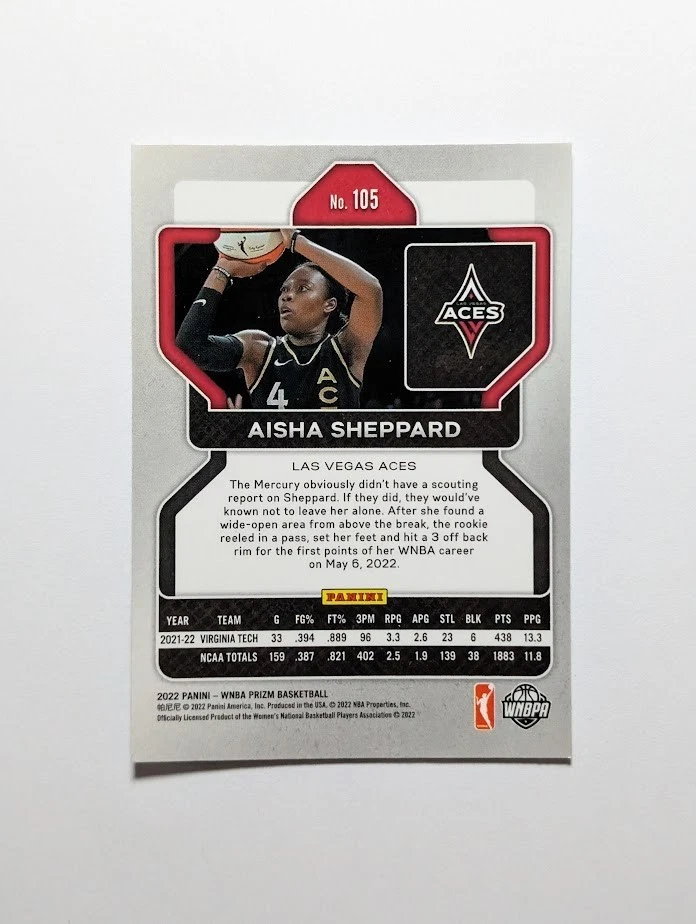 2022 Panini Prizm WNBA Aisha Sheppard #105 Rookie RC - Image 2 of 2