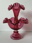 Fenton Cranberry Crimped Ruffled Edge Single Horn 2 Piece Epergne Vase 10"