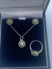Emerald And Diamond Cluster Ring, Studs And Pendant Set On 925 Silver Signed MM