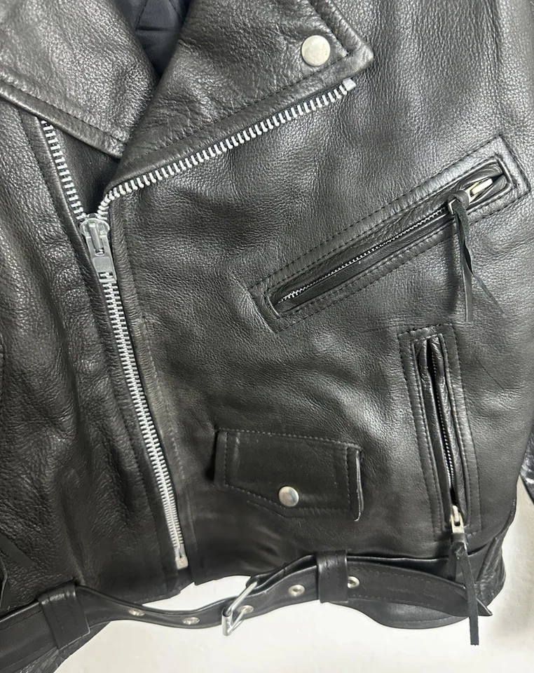 Chaqueta con cinturón de motocicleta de cuero negra vintage Radius para hombre talla 42 Foto 3 de 4