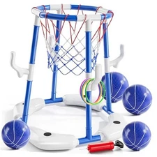 Pool Basketball Hoop, 2-in-1 Floating Pool Toys Floating Basketball Hoop-Blue
